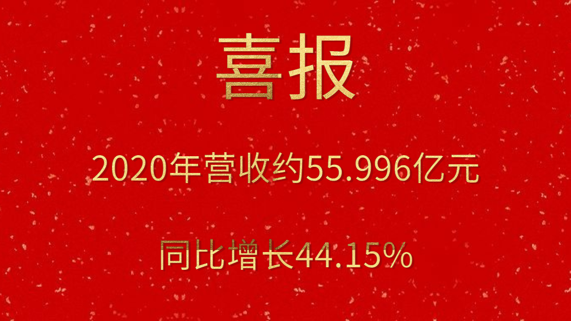 喜报！2020年营收约55.996亿元，，，，，，，同比增添44.15%